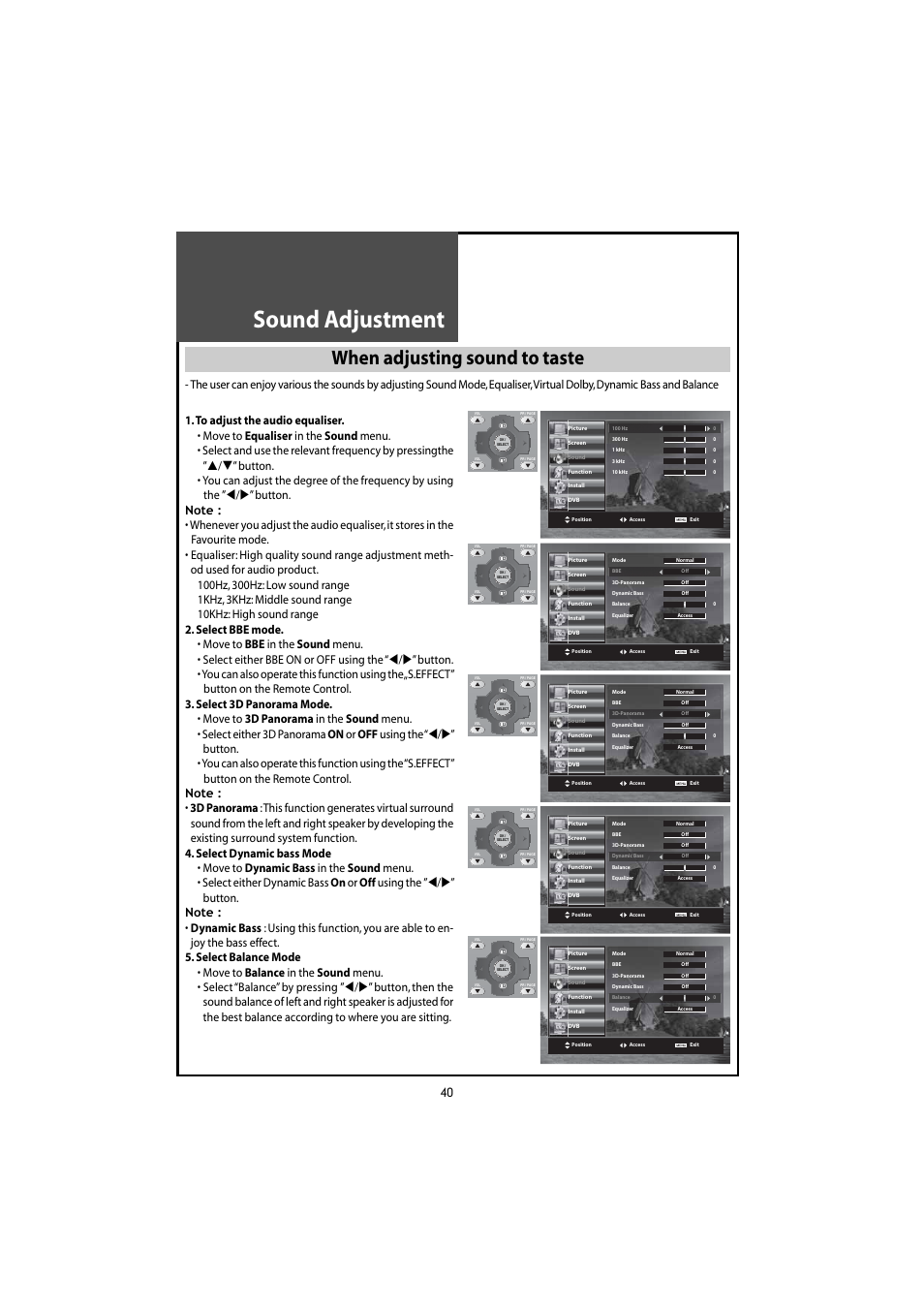 Sound adjustment, When adjusting sound to taste | Daewoo DLT-46U1HZ User Manual | Page 40 / 58