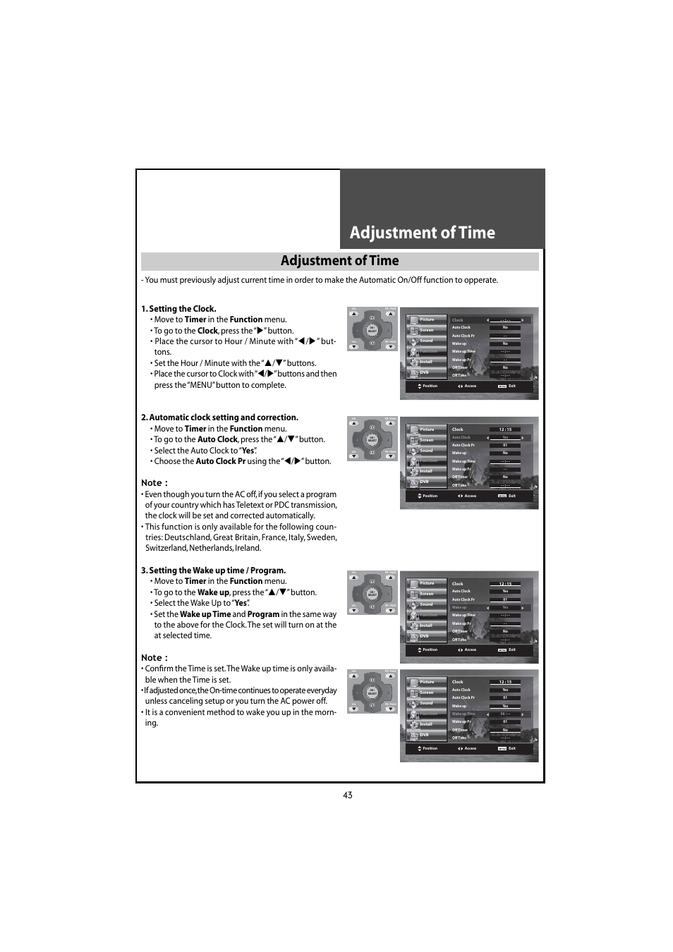 Adjustment of time, Setting the clock, Automatic clock setting and correction | Setting the wake up time / program | Daewoo DLT-46U1HZ User Manual | Page 43 / 58