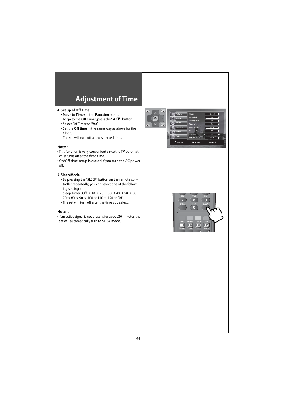 Adjustment of time, Set up of off time, Sleep mode | Daewoo DLT-46U1HZ User Manual | Page 44 / 58