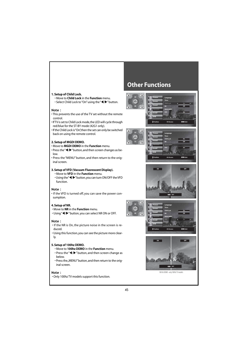 Other functions, Setup of child lock, Setup of mgdi demo | Daewoo DLT-46U1HZ User Manual | Page 45 / 58