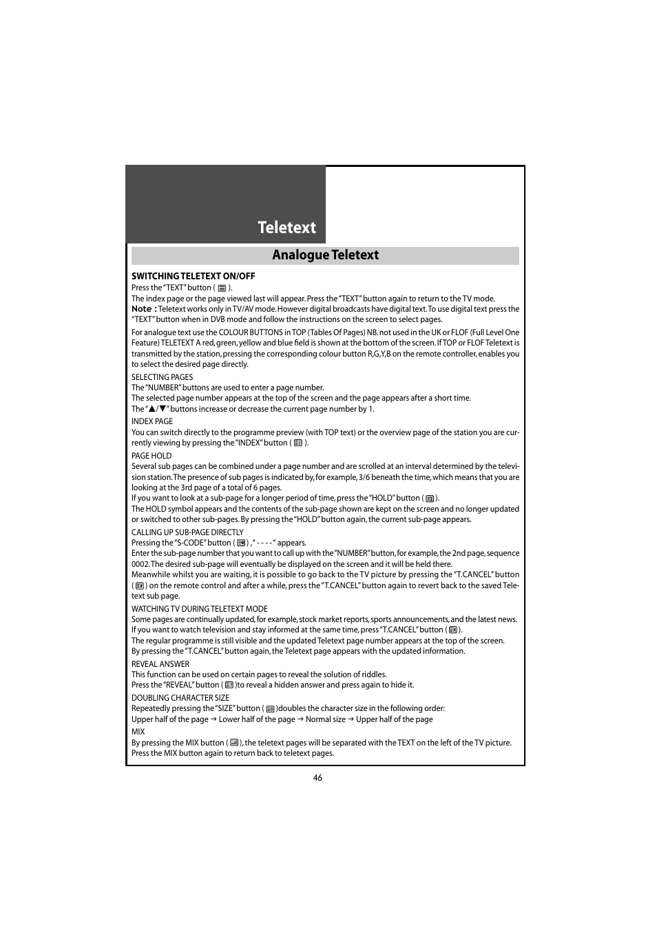 Teletext, Analogue teletext | Daewoo DLT-46U1HZ User Manual | Page 46 / 58