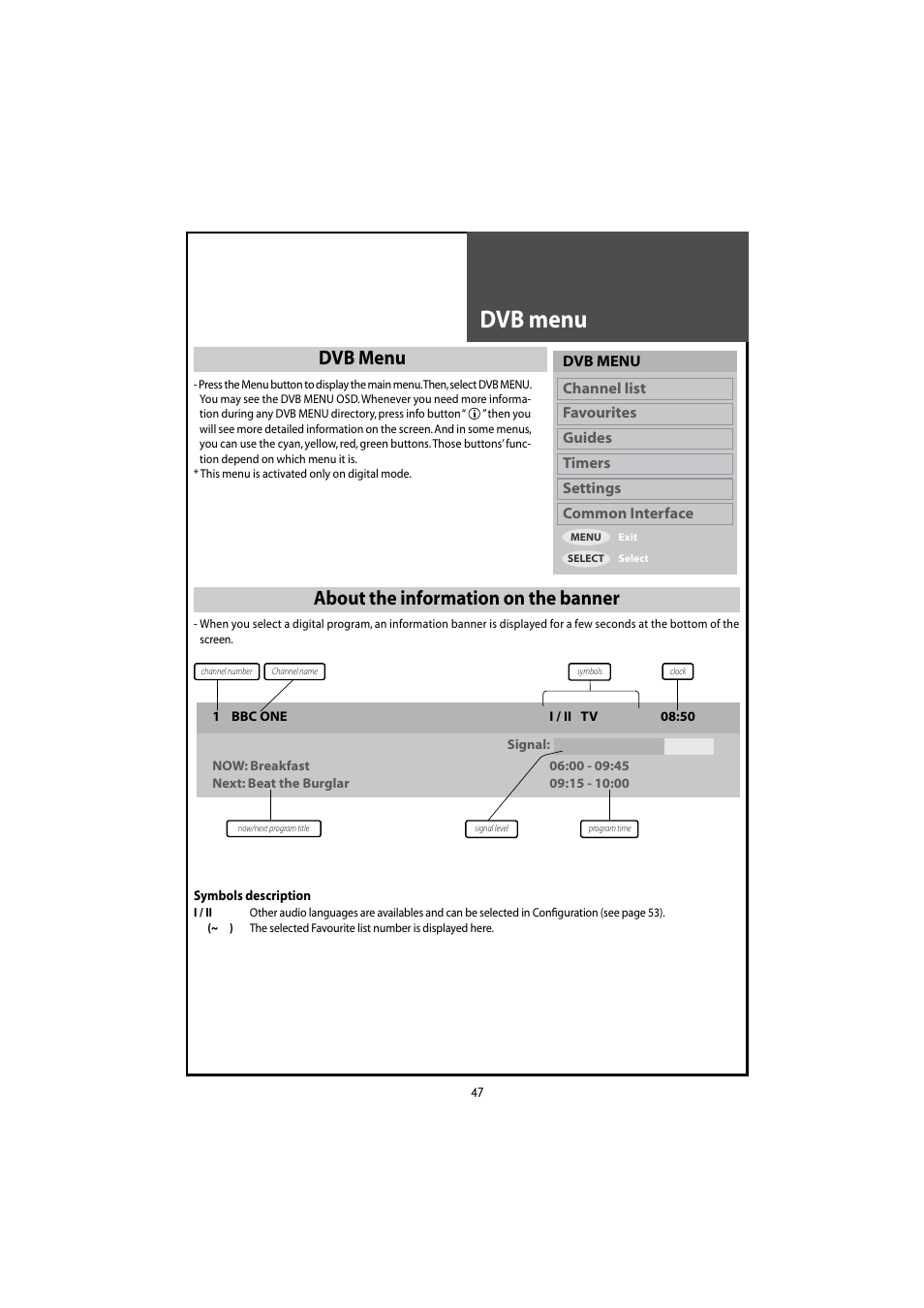 Dvb menu, About the information on the banner | Daewoo DLT-46U1HZ User Manual | Page 47 / 58