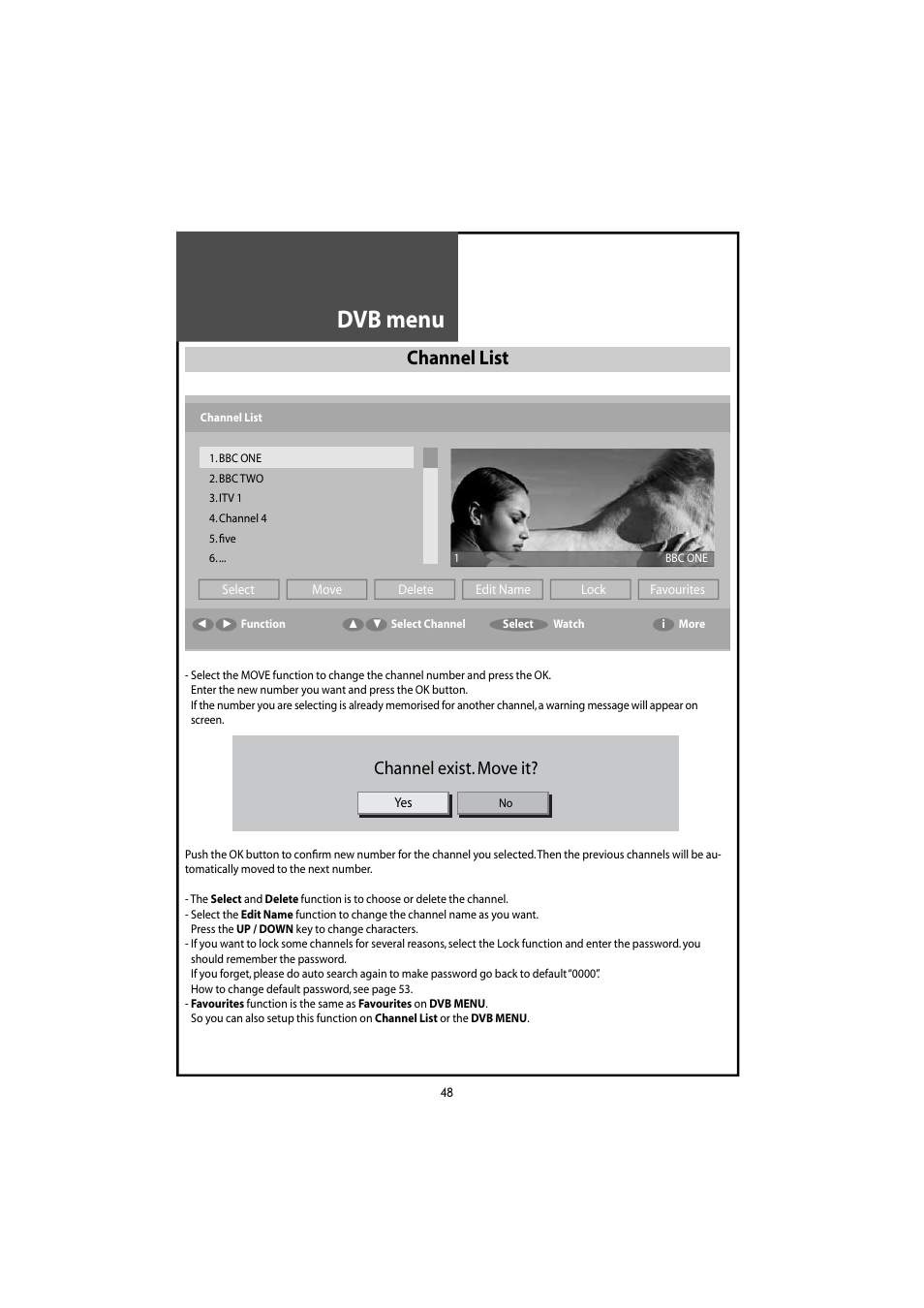 Dvb menu, Channel list, Channel exist. move it | Daewoo DLT-46U1HZ User Manual | Page 48 / 58