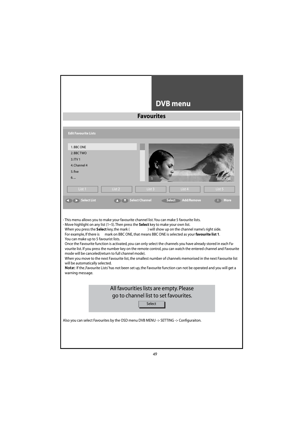 Dvb menu, Favourites | Daewoo DLT-46U1HZ User Manual | Page 49 / 58