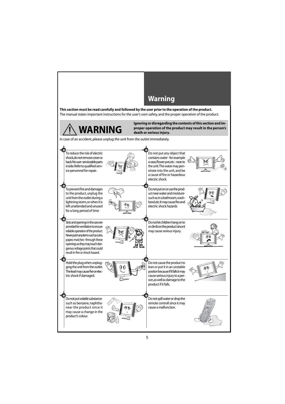 Warning | Daewoo DLT-46U1HZ User Manual | Page 5 / 58