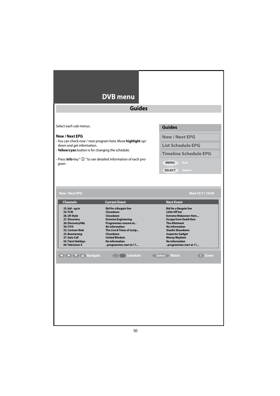 Dvb menu, Guides | Daewoo DLT-46U1HZ User Manual | Page 50 / 58