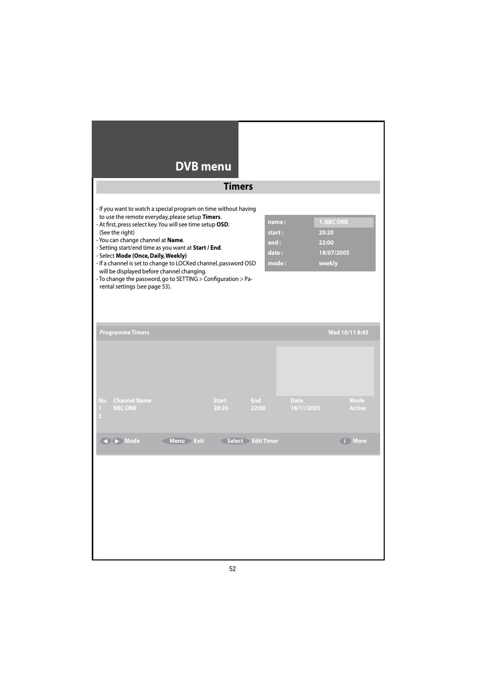 Dvb menu, Timers | Daewoo DLT-46U1HZ User Manual | Page 52 / 58