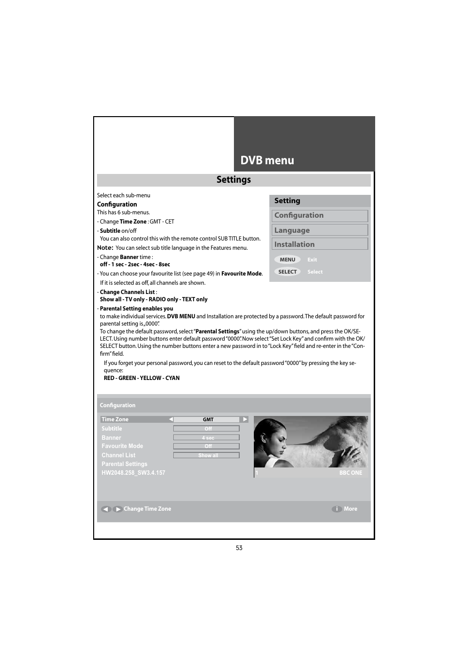 Dvb menu, Settings, Setting conﬁguration language installation | Daewoo DLT-46U1HZ User Manual | Page 53 / 58