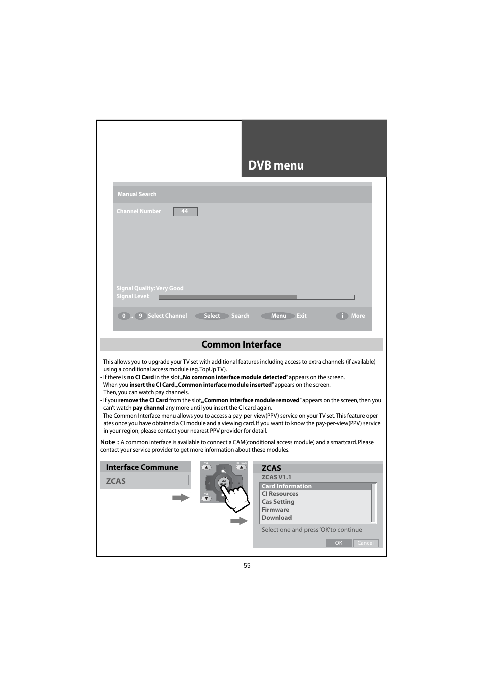 Dvb menu, Common interface, Interface commune zcas zcas | Daewoo DLT-46U1HZ User Manual | Page 55 / 58