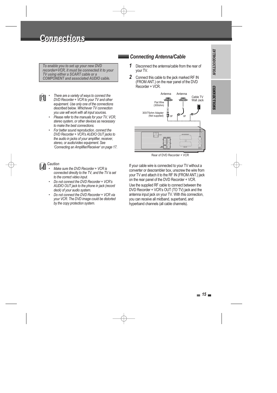 Connections, Connecting antenna/cable 1 | Daewoo DRV-6815 User Manual | Page 16 / 60