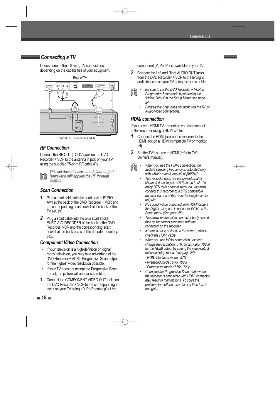 Connecting a tv, Component video connection, Hdmi connection | Scart connection, Rf connection | Daewoo DRV-6815 User Manual | Page 17 / 60