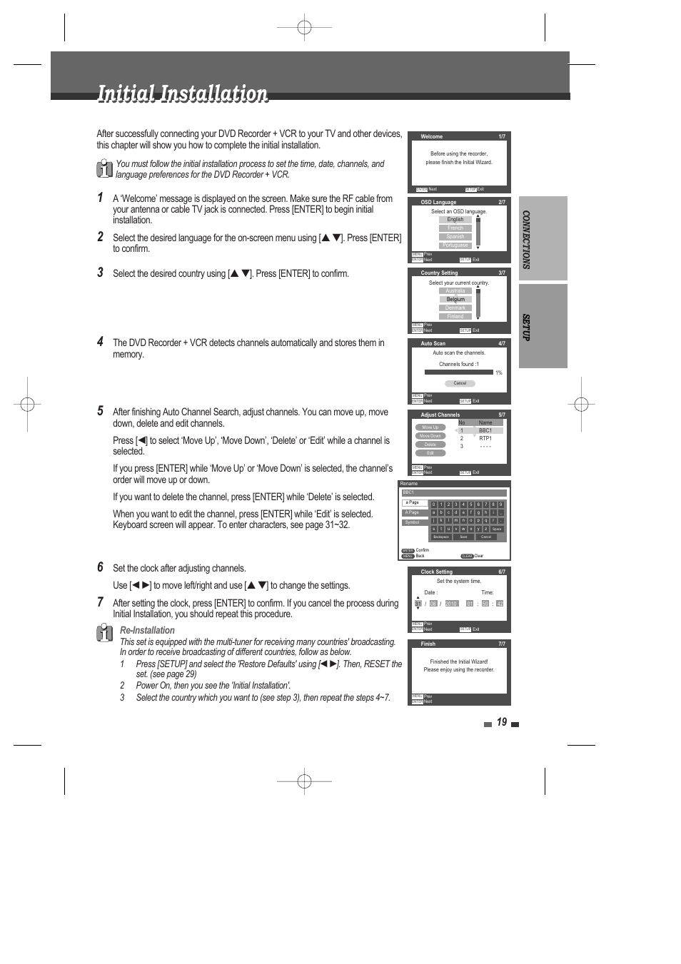 Initial installation, Re-installation, Connections setup | Daewoo DRV-6815 User Manual | Page 20 / 60