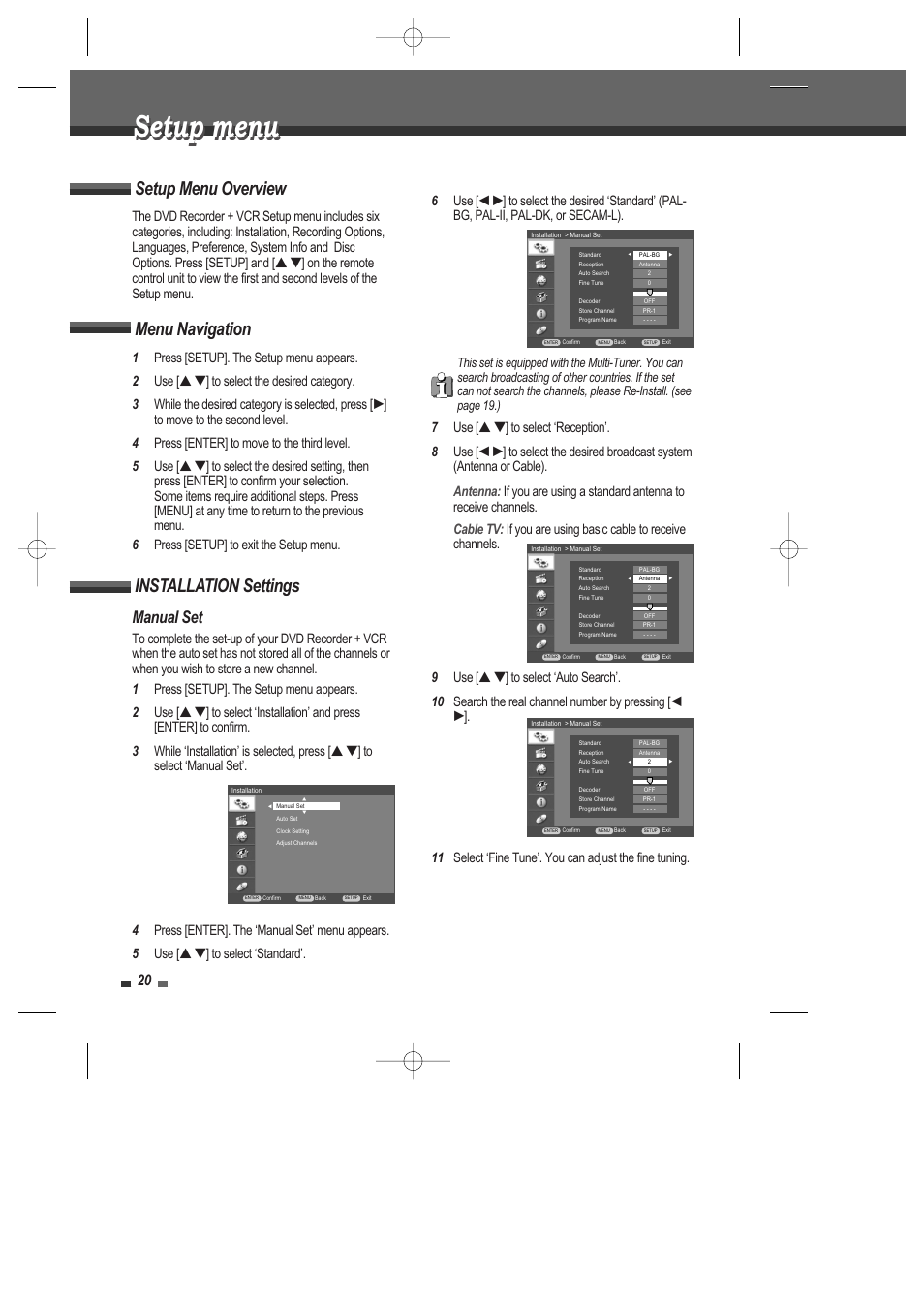 Setup menu, Setup menu overview, Menu navigation | Installation settings, Manual set | Daewoo DRV-6815 User Manual | Page 21 / 60