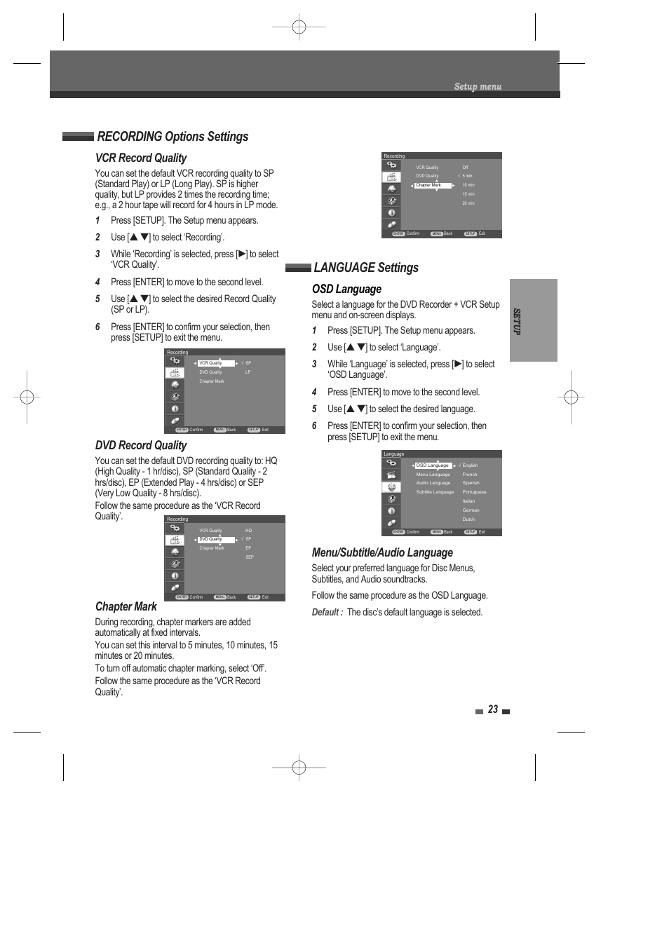 Recording options settings, Language settings, Vcr record quality | Chapter mark, Osd language, Menu/subtitle/audio language, Dvd record quality, Setup menu, Setup | Daewoo DRV-6815 User Manual | Page 24 / 60