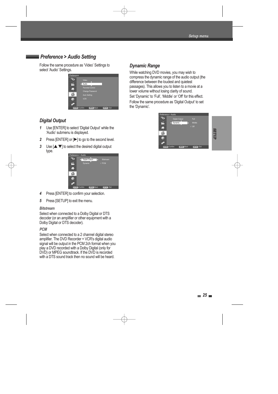 Preference > audio setting, Digital output, Dynamic range | Setup | Daewoo DRV-6815 User Manual | Page 26 / 60