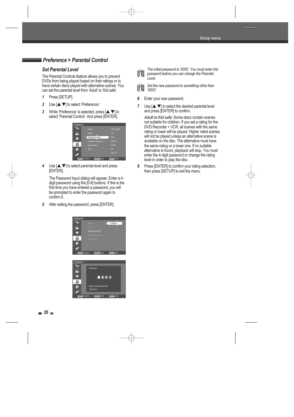 Preference > parental control, Set parental level | Daewoo DRV-6815 User Manual | Page 27 / 60