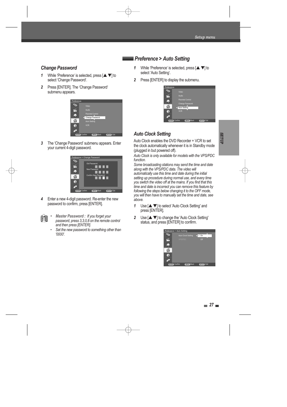 Preference > auto setting, Change password, Auto clock setting | Setup menu, Setup | Daewoo DRV-6815 User Manual | Page 28 / 60