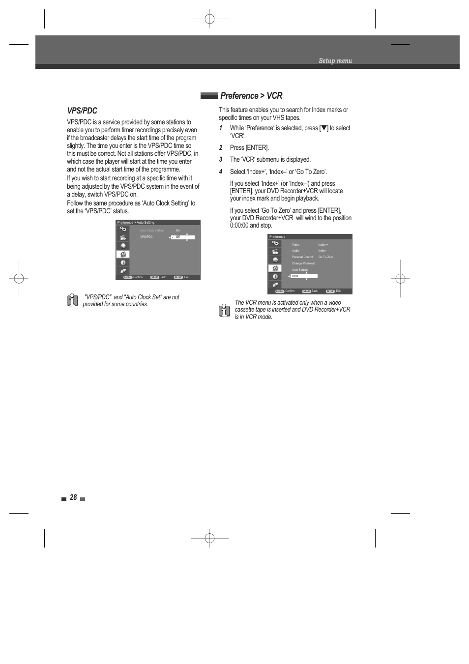 Preference > vcr, Vps/pdc, Setup menu | Daewoo DRV-6815 User Manual | Page 29 / 60
