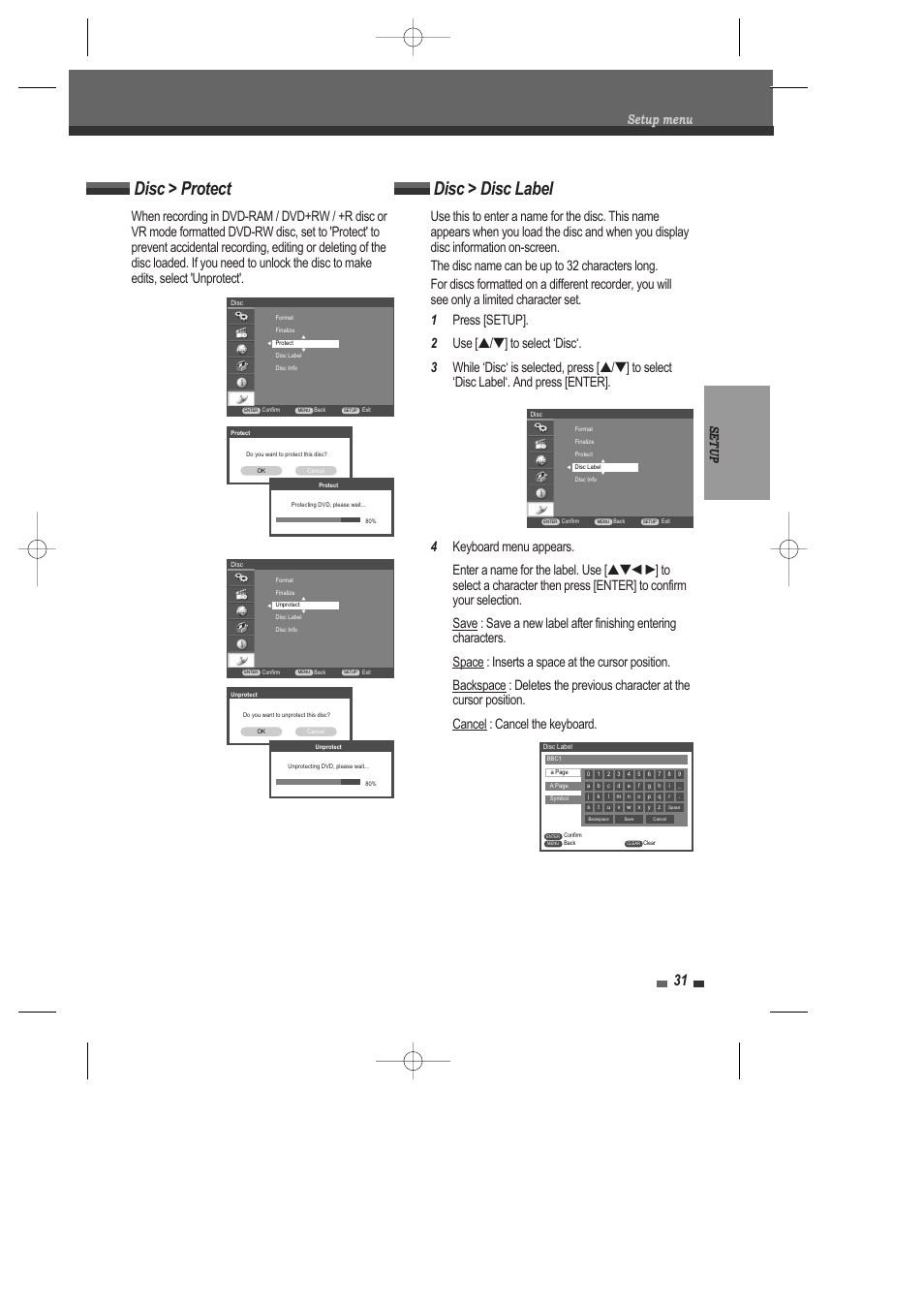 Disc > protect disc > disc label, Setup | Daewoo DRV-6815 User Manual | Page 32 / 60