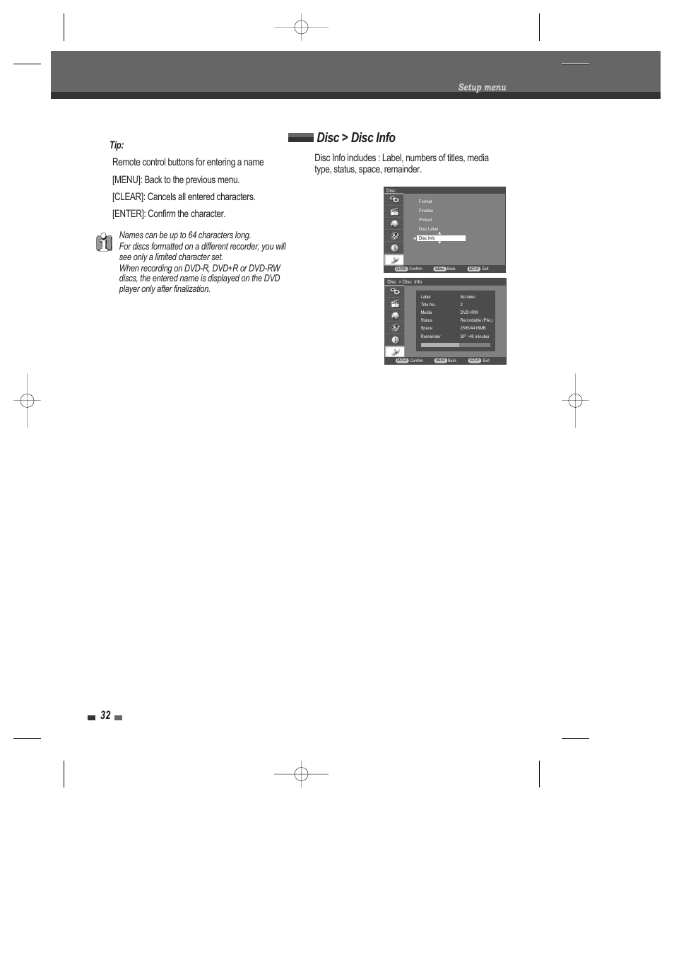 Disc > disc info | Daewoo DRV-6815 User Manual | Page 33 / 60