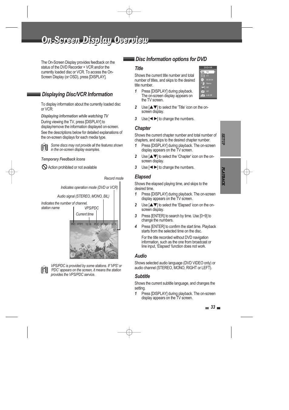 On-screen display overview, Displaying disc/vcr information, Disc information options for dvd | Title, Chapter, Elapsed, Audio, Subtitle | Daewoo DRV-6815 User Manual | Page 34 / 60