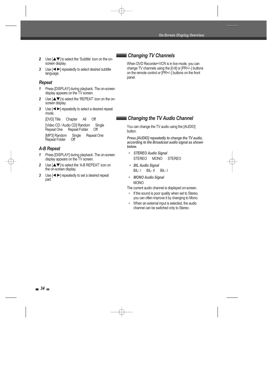 Changing the tv audio channel, Changing tv channels | Daewoo DRV-6815 User Manual | Page 35 / 60