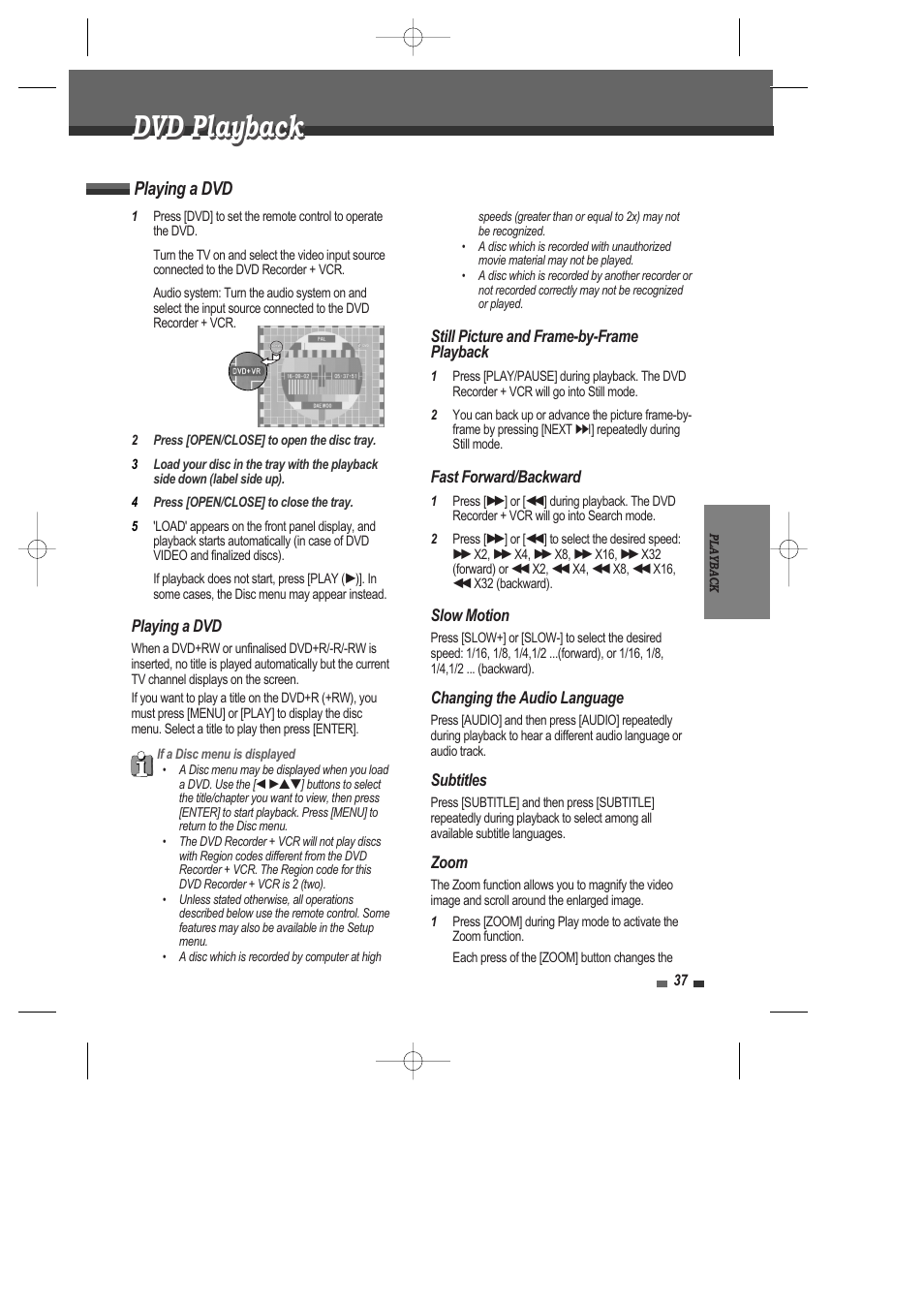 Dvd playback, Playing a dvd | Daewoo DRV-6815 User Manual | Page 38 / 60