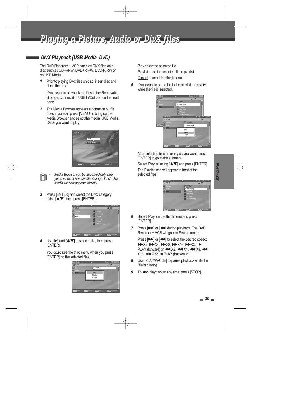 Playing a picture, audio or divx files, Divx playback (usb media, dvd), Playback | Daewoo DRV-6815 User Manual | Page 40 / 60