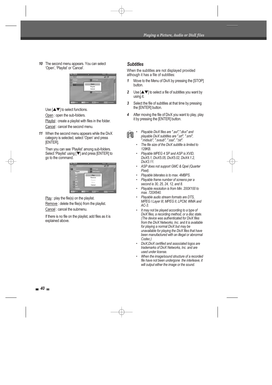 Subtitles, Playing a picture, audio or divx files | Daewoo DRV-6815 User Manual | Page 41 / 60