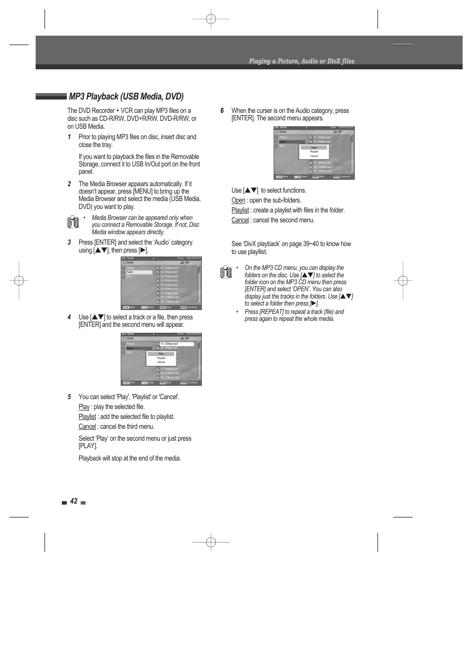 Mp3 playback (usb media, dvd), Playing a picture, audio or divx files | Daewoo DRV-6815 User Manual | Page 43 / 60