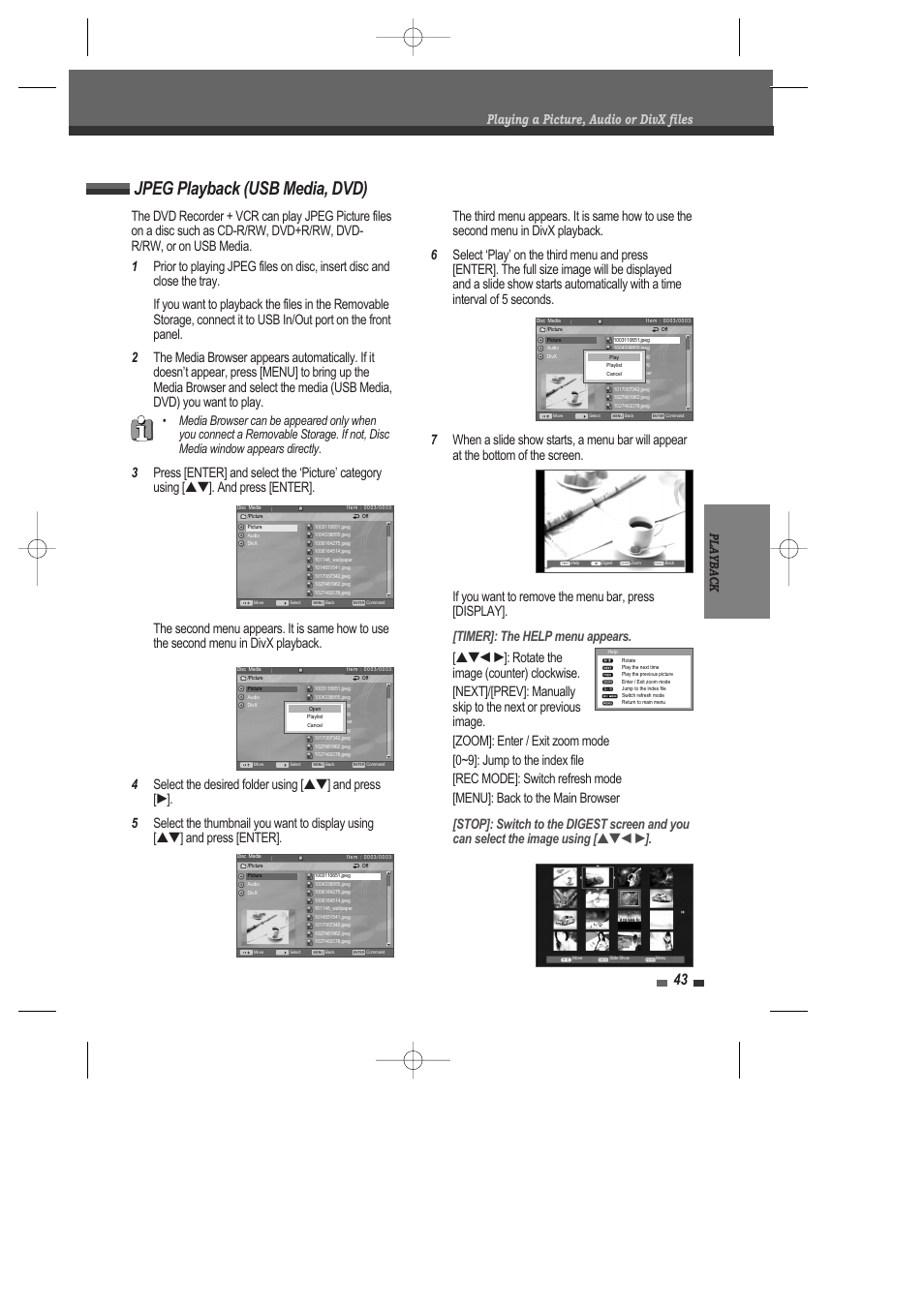 Jpeg playback (usb media, dvd), Playback | Daewoo DRV-6815 User Manual | Page 44 / 60