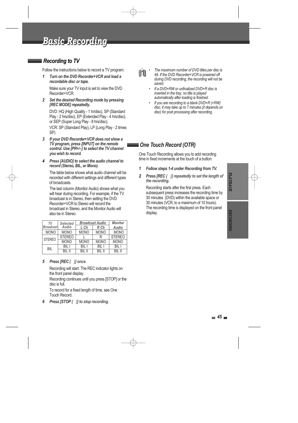 Basic recording, Recording to tv, One touch record (otr) | Daewoo DRV-6815 User Manual | Page 46 / 60
