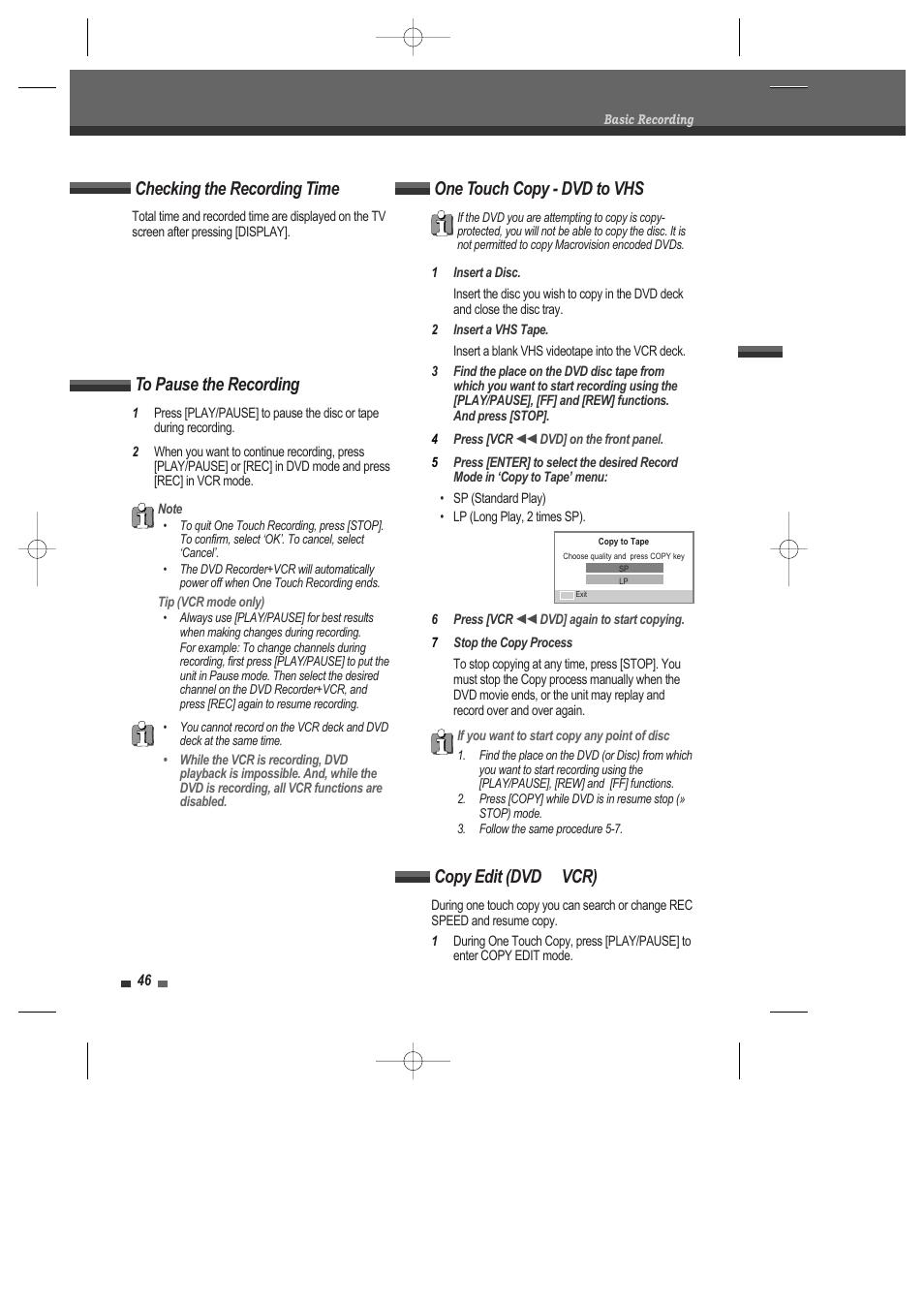 Checking the recording time, One touch copy - dvd to vhs, Copy edit (dvd ➝ vcr) | Daewoo DRV-6815 User Manual | Page 47 / 60