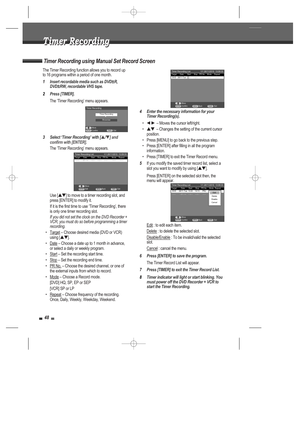 Timer recording, Timer recording using manual set record screen | Daewoo DRV-6815 User Manual | Page 49 / 60