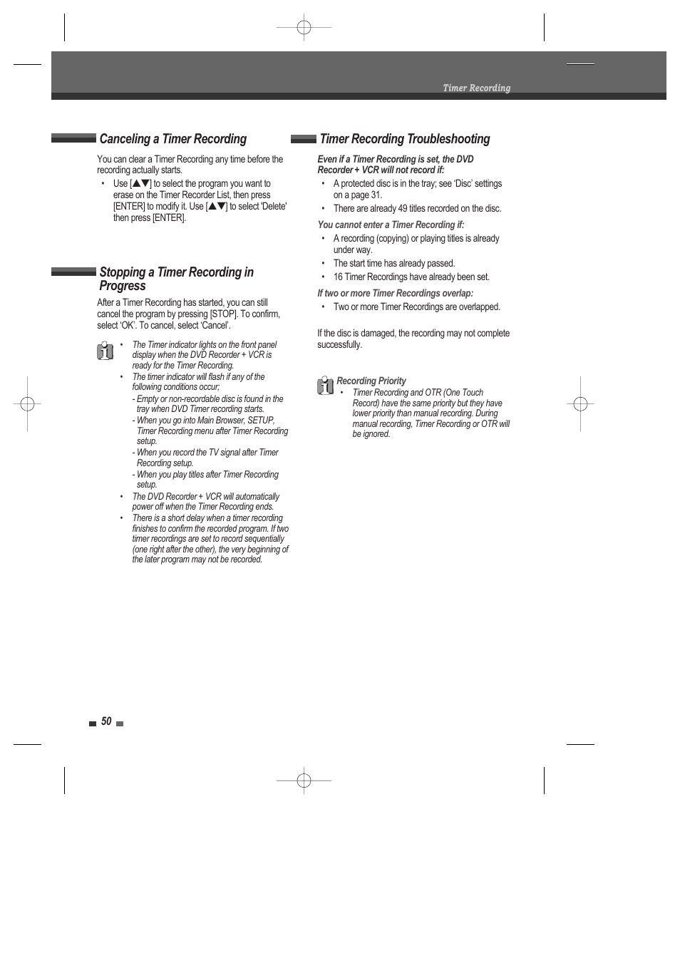 Canceling a timer recording, Stopping a timer recording in progress, Timer recording troubleshooting | Daewoo DRV-6815 User Manual | Page 51 / 60