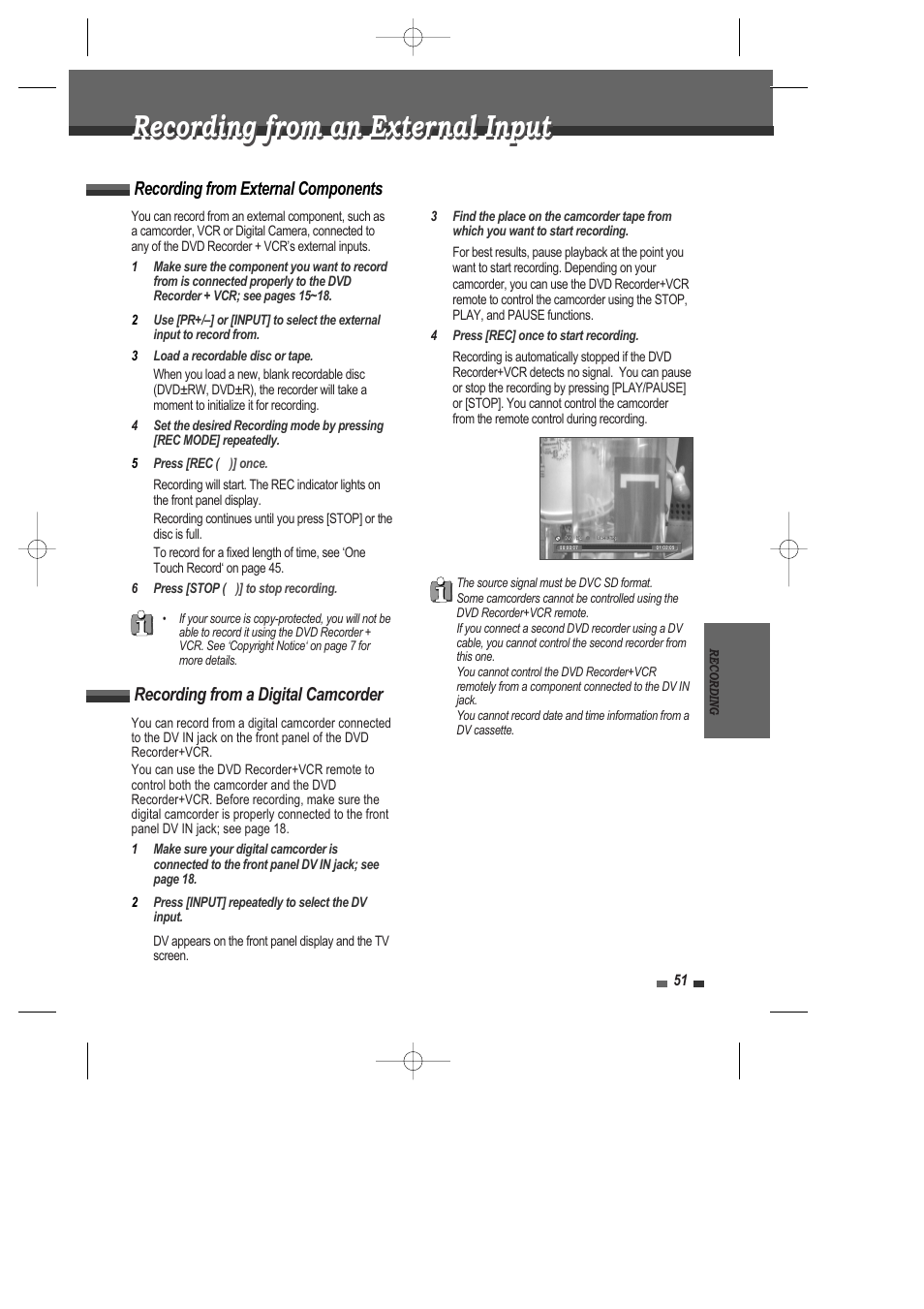 Recording from an external input, Recording from external components, Recording from a digital camcorder | Daewoo DRV-6815 User Manual | Page 52 / 60