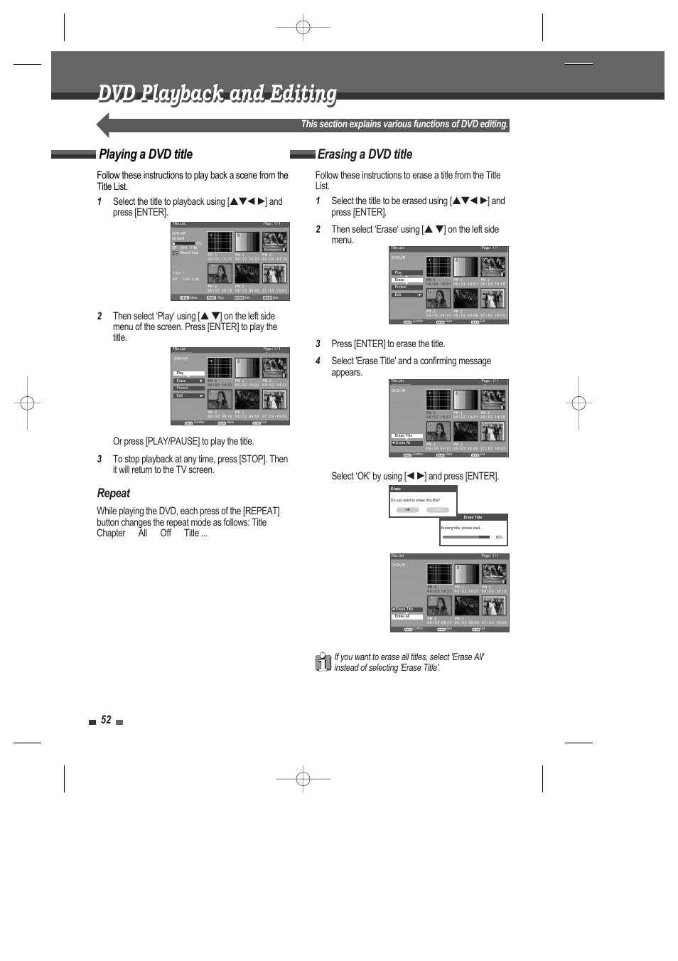 Dvd playback and editing, Erasing a dvd title, Playing a dvd title | Repeat | Daewoo DRV-6815 User Manual | Page 53 / 60