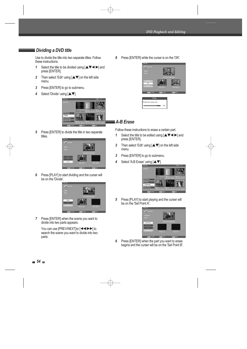 Dividing a dvd title, A-b erase, Dvd playback and editing | Daewoo DRV-6815 User Manual | Page 55 / 60