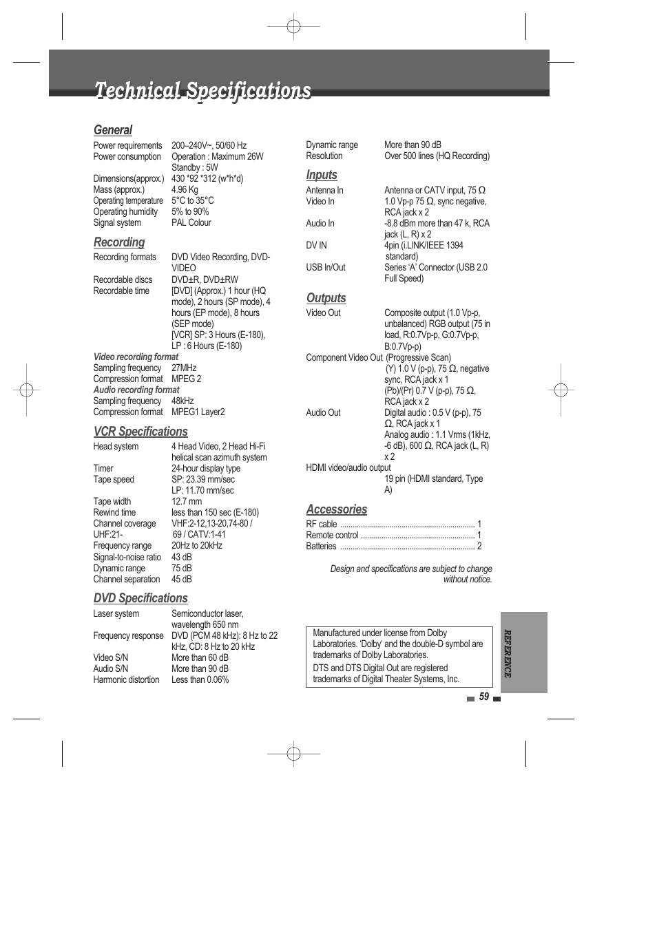 Technical specifications, General, Recording | Vcr specifications, Dvd specifications, Inputs, Outputs, Accessories | Daewoo DRV-6815 User Manual | Page 60 / 60