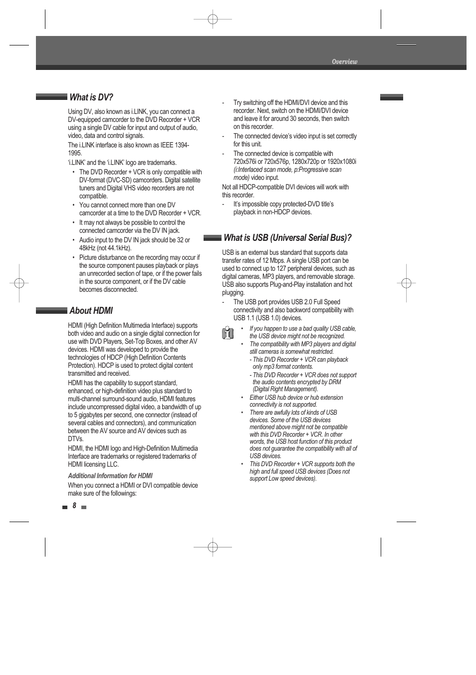 What is dv, About hdmi, What is usb (universal serial bus) | Daewoo DRV-6815 User Manual | Page 9 / 60