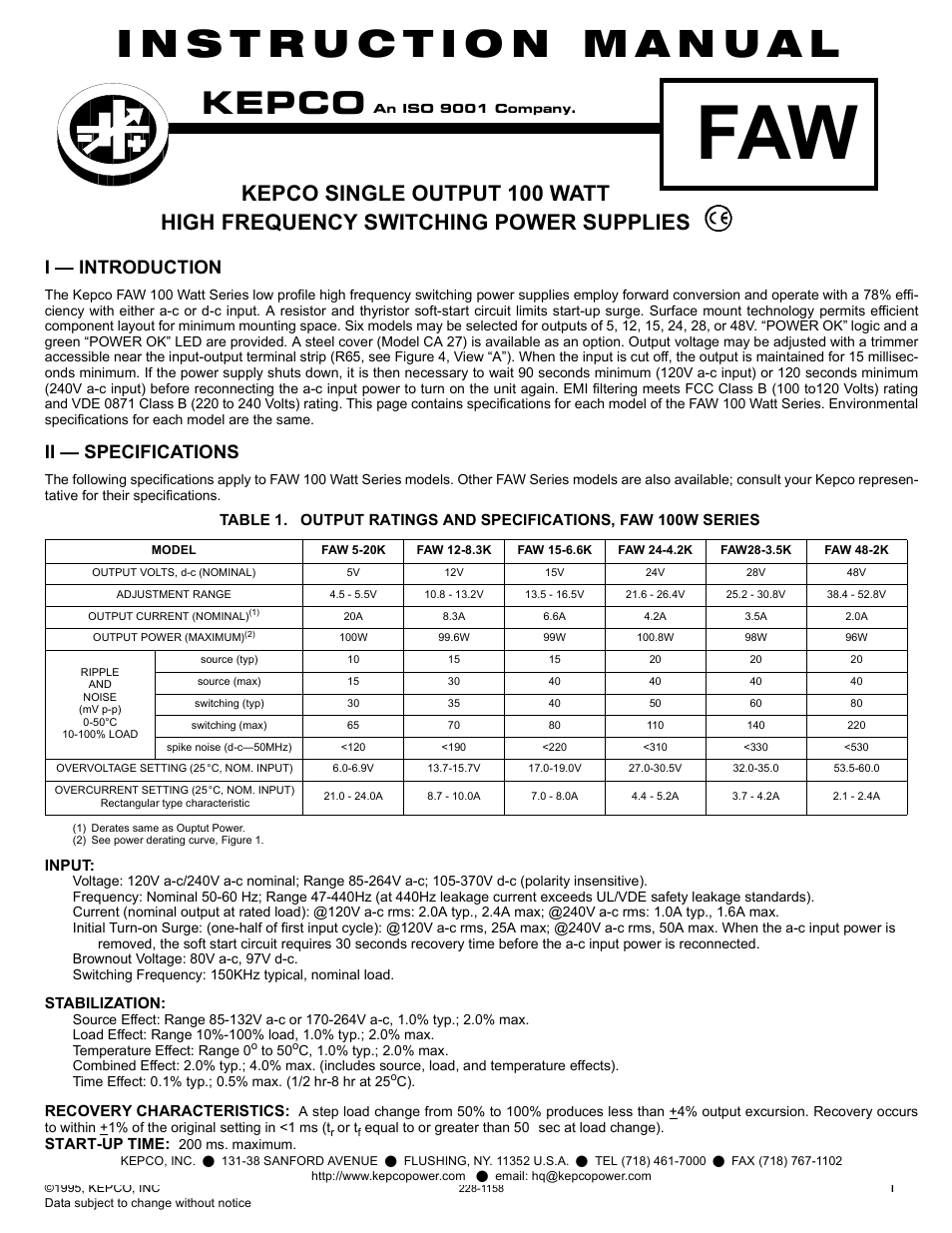 KEPCO FAW 100W Series User Manual | 4 pages