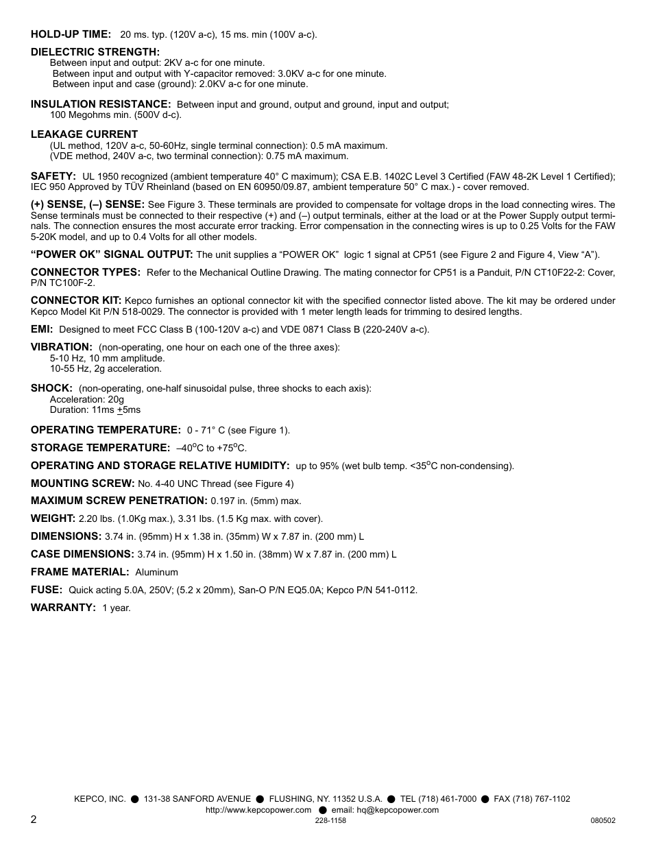 KEPCO FAW 100W Series User Manual | Page 2 / 4