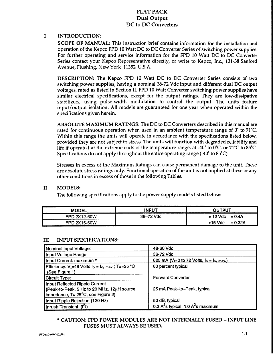 KEPCO FPD 10 Watts, Dual (±) Output (36-72V d-c Input) User Manual | Page 3 / 12