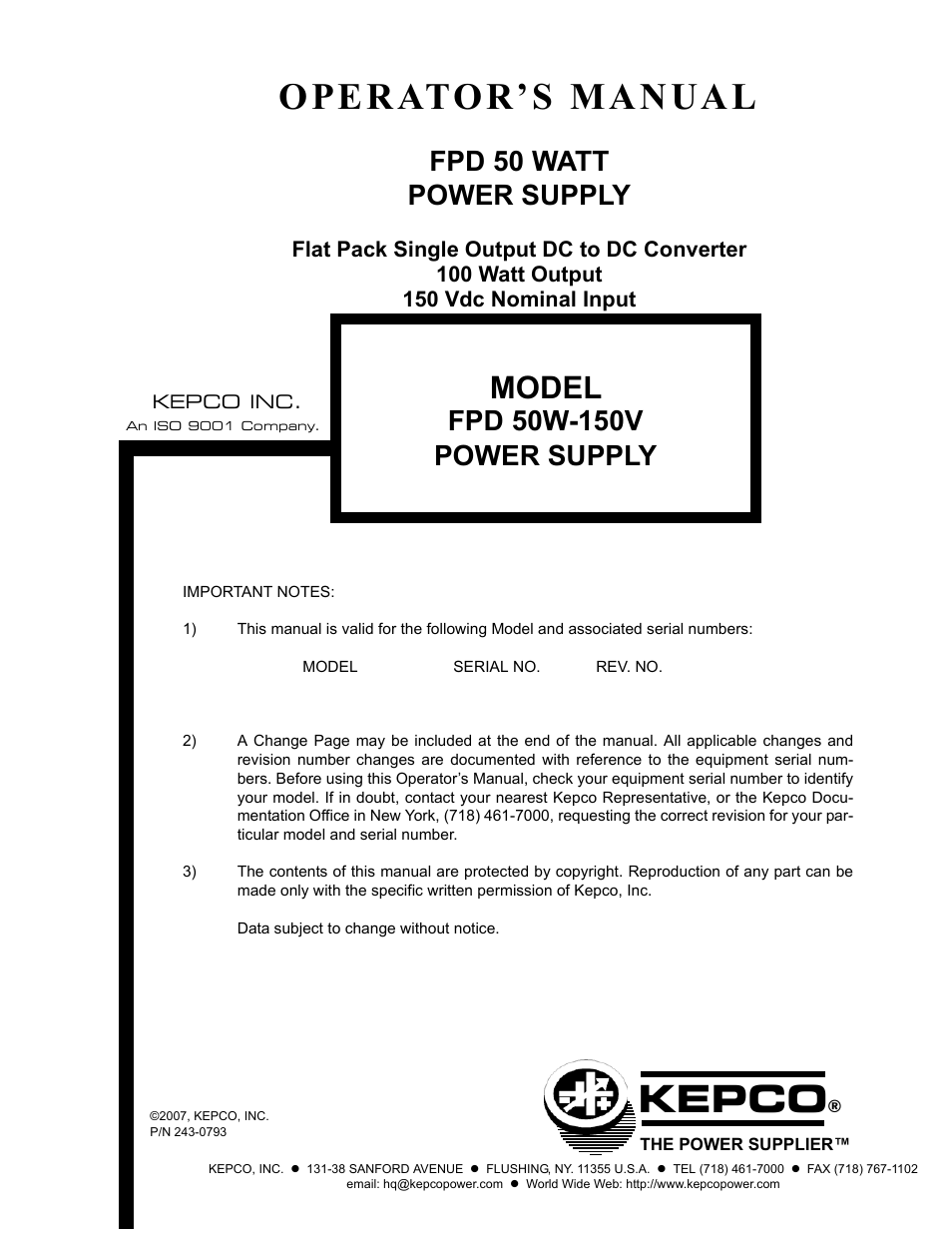 KEPCO FPD 50 Watts (150V d-c Input) User Manual | 12 pages