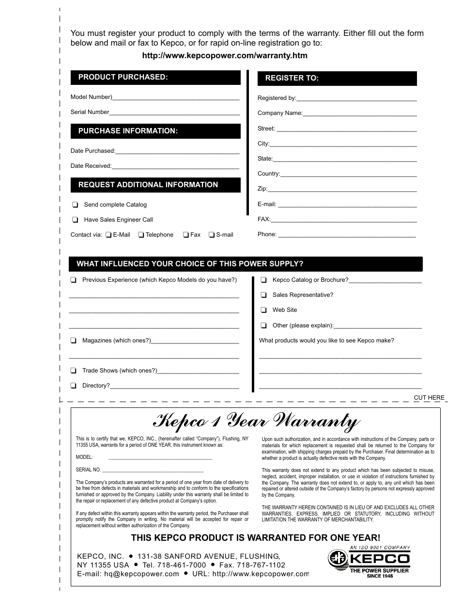 Kepco 1 year warranty, This kepco product is warranted for one year | KEPCO FPD 50 Watts (150V d-c Input) User Manual | Page 11 / 12