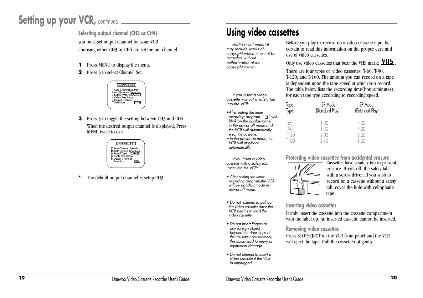 Setting up your vcr, Using video cassettes, Continued | Daewoo DV-T87N User Manual | Page 13 / 22