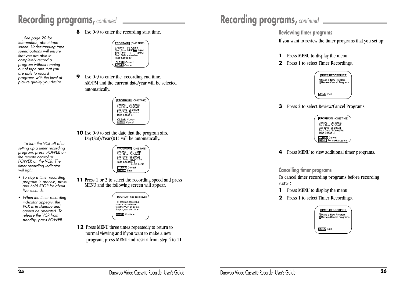 Recording programs, Continued | Daewoo DV-T87N User Manual | Page 16 / 22