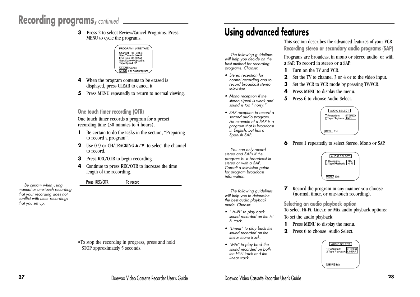 Recording programs, Using advanced features, Continued | Daewoo DV-T87N User Manual | Page 17 / 22