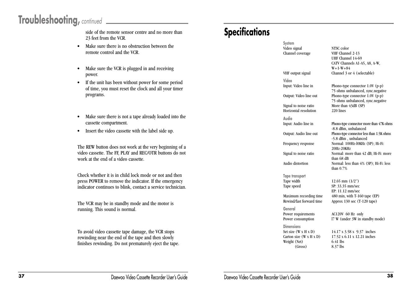 Troubleshooting, Specifications, Continued | Daewoo DV-T87N User Manual | Page 22 / 22