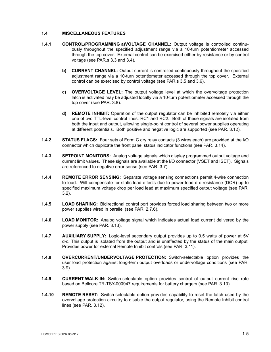 4 miscellaneous features, 1 control/programming, 2 status flags | 3 setpoint monitors, 4 remote error sensing, 5 load sharing, 6 load monitor, 7 auxiliary supply, 8 overcurrent/undervoltage protection, 9 current walk-in | KEPCO HSM Series User Manual | Page 11 / 34
